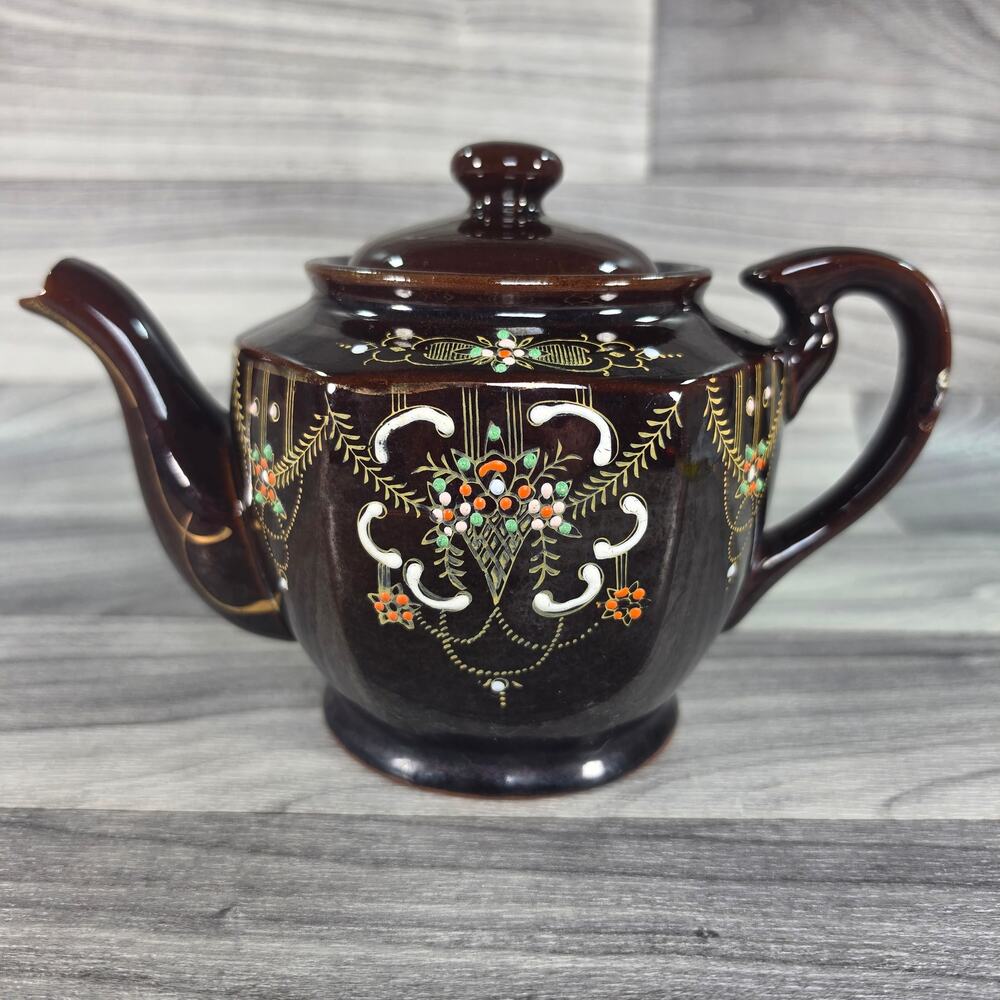 Vintage Japanese Dark Brown Teapot Hand Painted Raised Moriage Floral Gold Japan